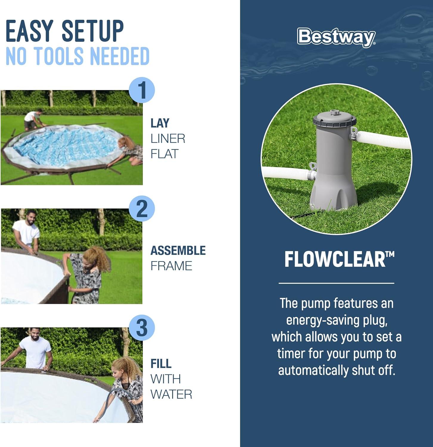 imageBestway Power Steel 14 x 42 Round Above Ground Outdoor Backyard Swimming Pool Set with 1000 GPH Filter Pump Ladder and Pool CoverBrown Wicker