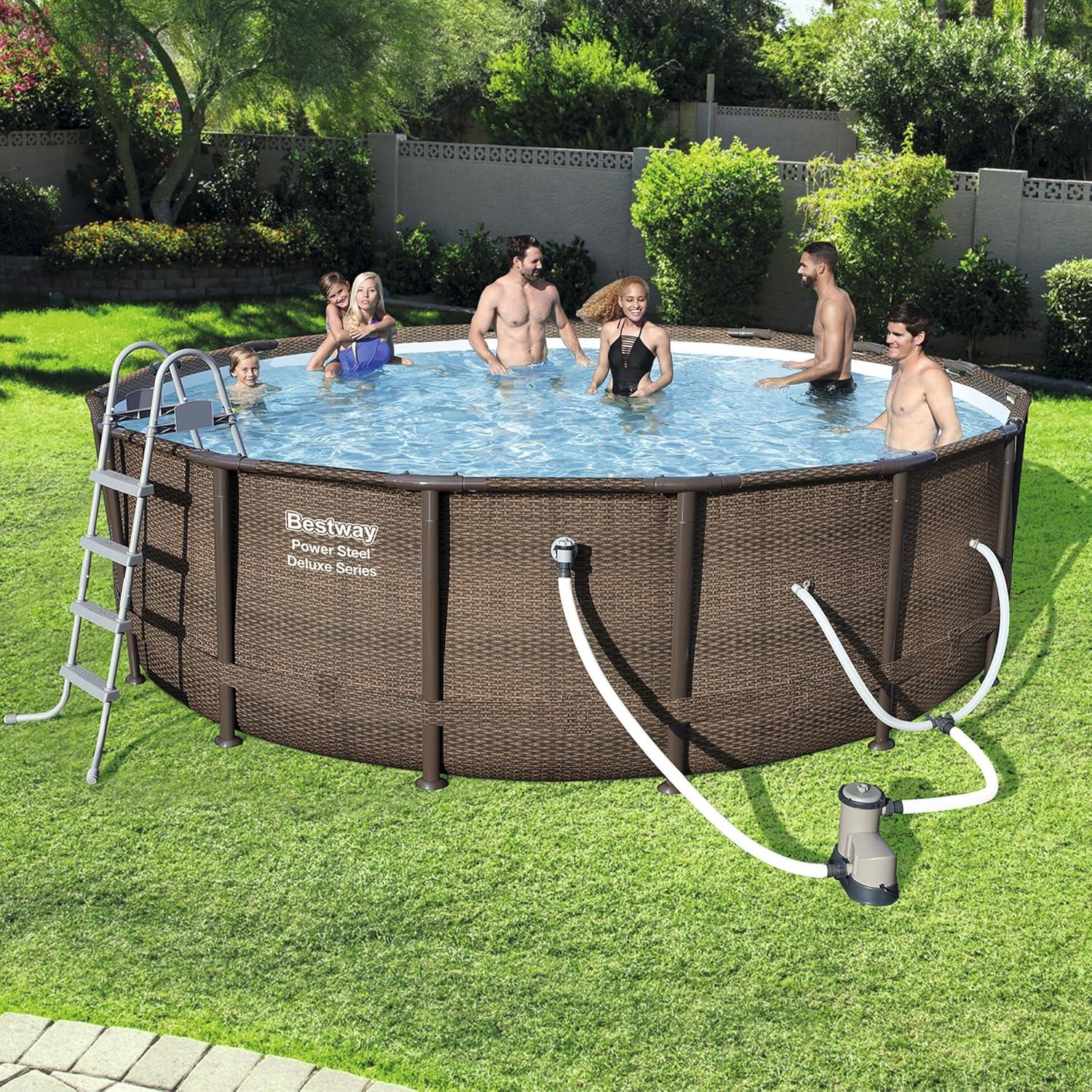 imageBestway Power Steel 14 x 42 Round Above Ground Outdoor Backyard Swimming Pool Set with 1000 GPH Filter Pump Ladder and Pool CoverBrown Wicker
