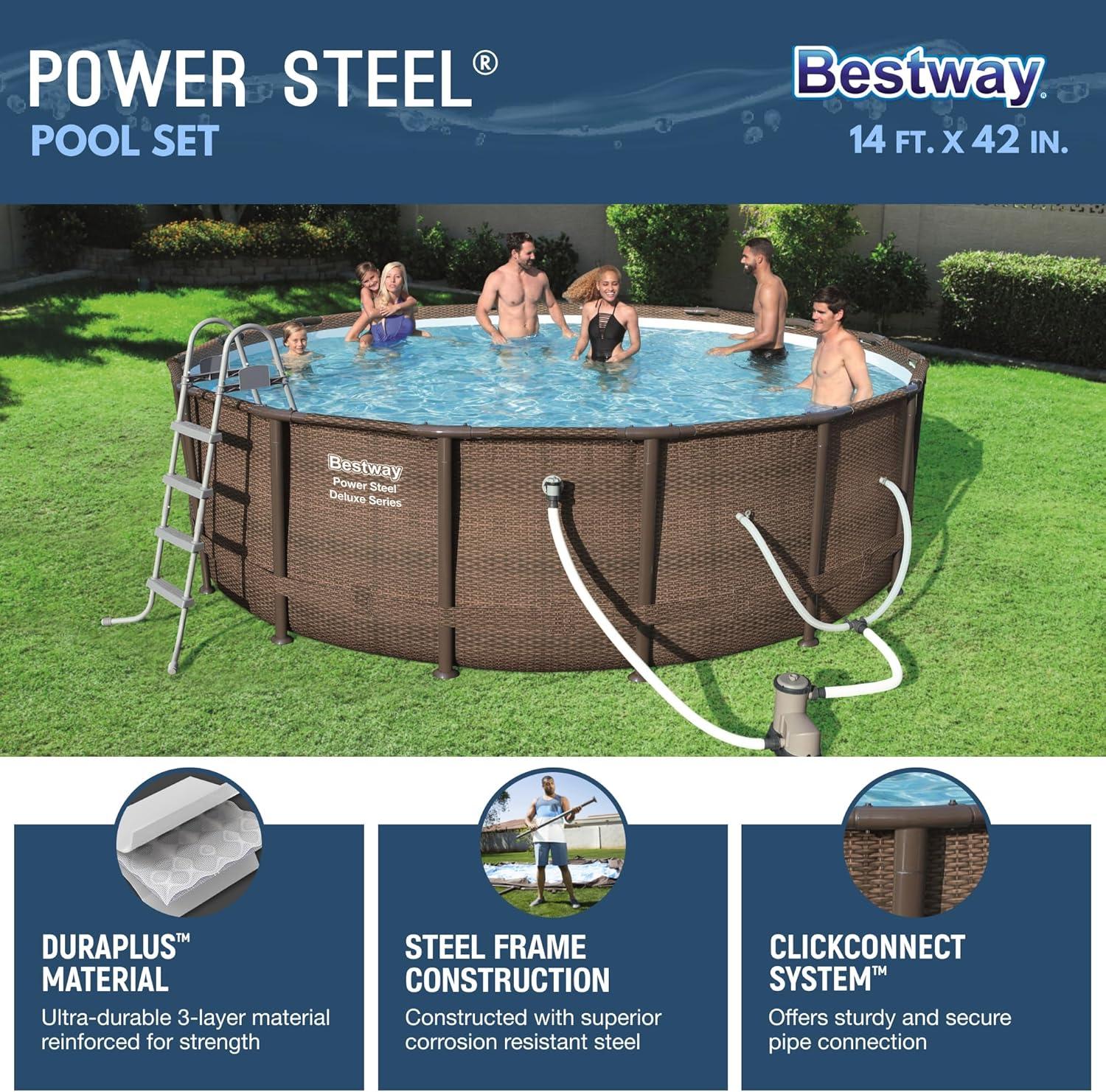 imageBestway Power Steel 14 x 42 Round Above Ground Outdoor Backyard Swimming Pool Set with 1000 GPH Filter Pump Ladder and Pool CoverBrown Wicker