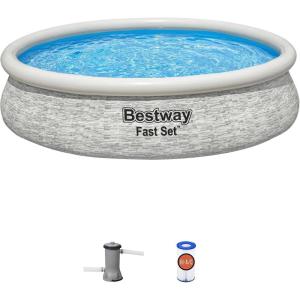 imageBestway Fast Set 12 x 30quot Round Inflatable Above Ground Swimming Pool Set Stacked Stone Exterior Outdoor Family Pool with Filter Pump Gray12ft x 30in