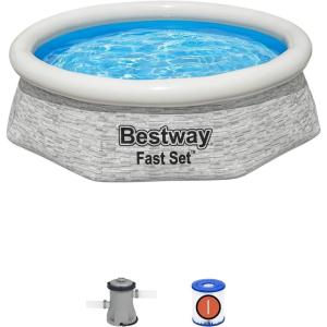 imageBestway Fast Set 12 x 30quot Round Inflatable Above Ground Swimming Pool Set Stacked Stone Exterior Outdoor Family Pool with Filter Pump Gray8ft x 24in