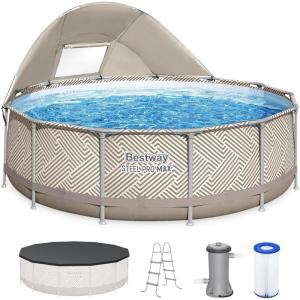 imageBestway Power Steel 14 x 42 Round Above Ground Outdoor Backyard Swimming Pool Set with 1000 GPH Filter Pump Ladder and Pool CoverBeige Chevron