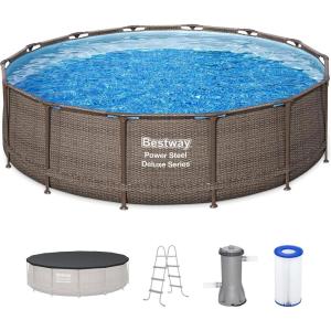 imageBestway Power Steel 14 x 42 Round Above Ground Outdoor Backyard Swimming Pool Set with 1000 GPH Filter Pump Ladder and Pool CoverBrown Wicker