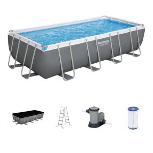 imageBestway Power Steel 18 x 9 x 48quot Rectangular Metal Frame Above Ground Swimming Pool Set with 1500 GPH Filter Pump Ladder and Pool Cover18ft X 9ft X 48in
