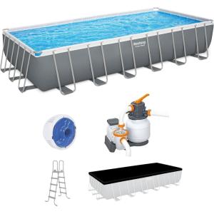 imageBestway Power Steel 18 x 9 x 48quot Rectangular Metal Frame Above Ground Swimming Pool Set with 1500 GPH Filter Pump Ladder and Pool Cover24ft X 12ft X 52in