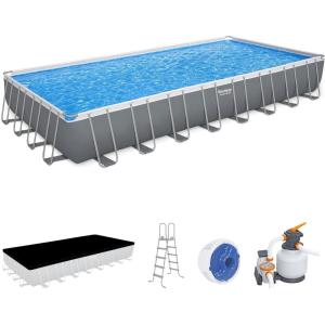 imageBestway Power Steel 18 x 9 x 48quot Rectangular Metal Frame Above Ground Swimming Pool Set with 1500 GPH Filter Pump Ladder and Pool Cover31ft4in X 16ft X 52in