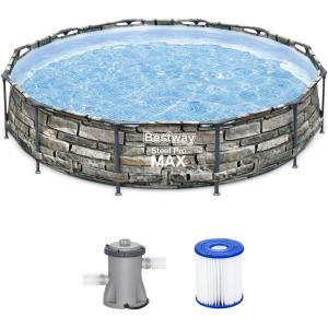 imageBestway Steel Pro MAX 12 x 30quot Round Above Ground Swimming Pool Set Outdoor Metal Frame Family Pool with Liner and Filter Pump GrayStone Print