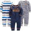 imageSimple Joys by Carters babyboys 3pack JumpsuitsGrey Heather Rugby StripeNavy Text PrintWhite Stripe