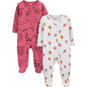 imageSimple Joys by Carters Baby Girls 2Way Zip Thermal Footed Sleep and Play Pack of 2Dark Rose Forest AnimalsGrey Strawberries