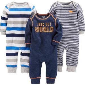 imageSimple Joys by Carters babyboys 3pack JumpsuitsGrey Heather Rugby StripeNavy Text PrintWhite Stripe