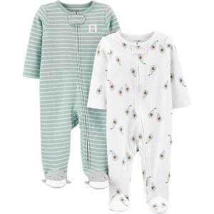 imageSimple Joys by Carters Baby 2Way Zip Thermal Footed Sleep and Play Pack of 2Mint Green StripeWhite Avocados