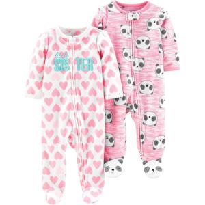 imageSimple Joys by Carters Baby Girls Fleece Footed Sleep and Play Pack of 2Pink Heather PandaWhite Hearts