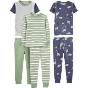 imageSimple Joys by Carters Boys 6Piece Snug Fit Cotton Pajama SetGreen StripeGrey HeatherIndigo Wash Dinosaur