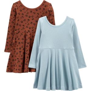 imageSimple Joys by Carters Girls 2Pack Stretch Rib DressesBrown Animal PrintDusty Blue