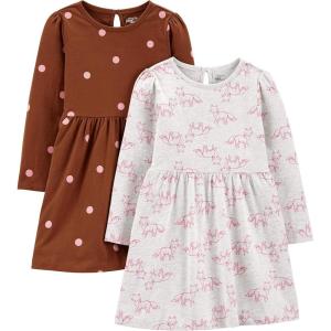 imageSimple Joys by Carters Girls 2Pack Stretch Rib DressesBrown DotsGrey Heather Fox