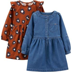 imageSimple Joys by Carters Girls 2Pack Stretch Rib DressesChambrayCheetah