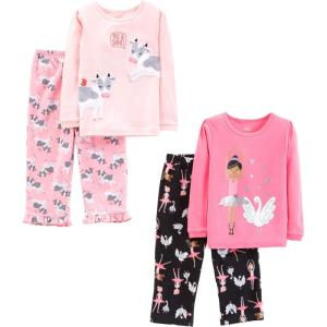 imageSimple Joys by Carters Girls 4Piece Pajama Set Cotton Top ampamp Fleece BottomBlack BallerinaLight PinkPink CowSwans