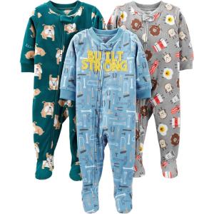 imageSimple Joys by Carters Toddlers and Baby Boys LooseFit Flame Resistant Fleece Footed Pajamas Pack of 3Blue ToolsGreen DogsGrey Breakfast