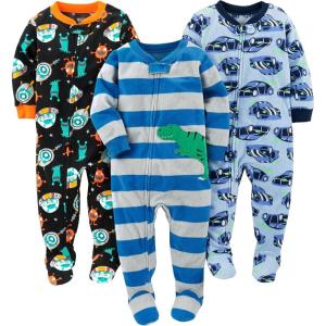 imageSimple Joys by Carters Toddlers and Baby Boys LooseFit Flame Resistant Fleece Footed Pajamas Pack of 3CarsDinosaurSpace