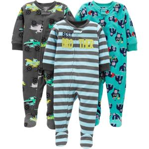 imageSimple Joys by Carters Toddlers and Baby Boys LooseFit Flame Resistant Fleece Footed Pajamas Pack of 3Dark Grey Monster TrucksLight Blue StripeTurquoise Blue Gorilla