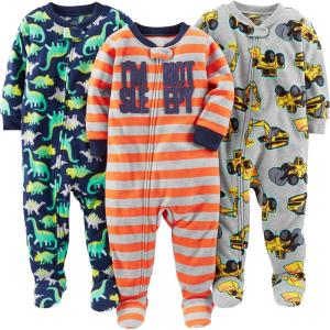 imageSimple Joys by Carters Toddlers and Baby Boys LooseFit Flame Resistant Fleece Footed Pajamas Pack of 3Grey ConstructionNavy DinosaurOrange Stripe