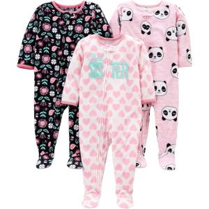 imageSimple Joys by Carters Toddlers and Baby Girls LooseFit Flame Resistant Fleece Footed Pajamas Pack of 3Black FloralPink PandaWhite Hearts