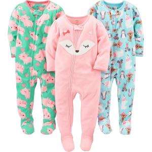 imageSimple Joys by Carters Toddlers and Baby Girls LooseFit Flame Resistant Fleece Footed Pajamas Pack of 3Blue PenguinGreen PigPink Fox