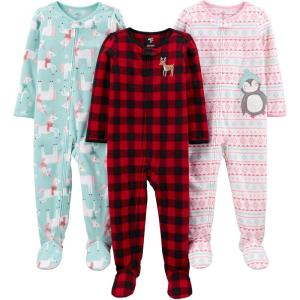 imageSimple Joys by Carters Toddlers and Baby Girls LooseFit Flame Resistant Fleece Footed Pajamas Pack of 3Buffalo CheckPenguinUnicorn