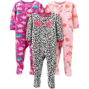 imageSimple Joys by Carters Toddlers and Baby Girls LooseFit Flame Resistant Fleece Footed Pajamas Pack of 3DinosaurFoxLeopard Print