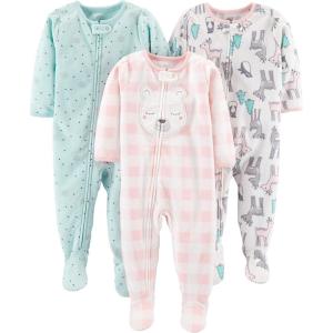 imageSimple Joys by Carters Toddlers and Baby Girls LooseFit Flame Resistant Fleece Footed Pajamas Pack of 3Offwhite DeerPink LlamaTurquoise Green Snowflake