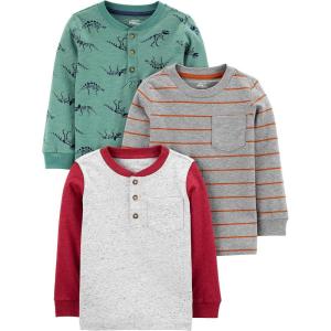 imageSimple Joys by Carters Boys 3Pack Long Sleeve ShirtsDark Grey StripeSpruce Green DinosaurGrey Dots