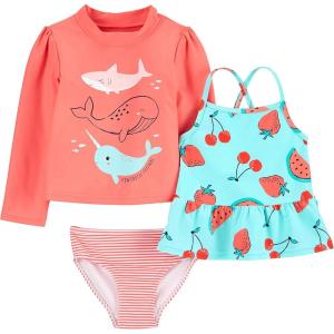 imageSimple Joys by Carters Girls 3Piece Assorted Rashguard SetsOrange Sea LifeRed FruitStripe