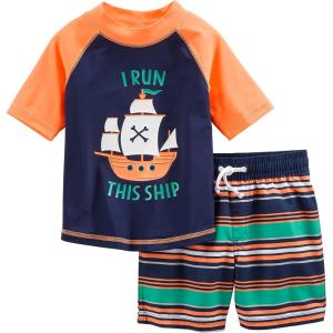imageSimple Joys by Carters Toddlers and Baby Boys Swimsuit Trunk and Rashguard SetNavy Orange ShipsWhite Stripe