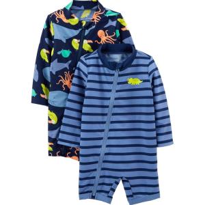 imageSimple Joys by Carters Boys 2Pack 1Piece Zip RashguardsNavy Sea FriendsPurple Stripe
