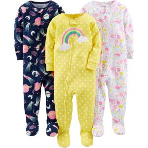imageSimple Joys by Carters Girls 3Pack Snug Fit Footed Cotton PajamasNavy SpaceWhite DinosaurYellow Dots