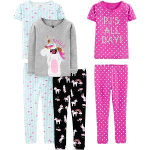 imageSimple Joys by Carters Girls 6Piece Snug Fit Cotton Pajama SetBlack UnicornBlue TortoiseGrey HeatherPink Polka Dot
