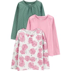 imageSimple Joys by Carters Girls LongSleeve Shirts Pack of 3Green DotsGrey FloralPink