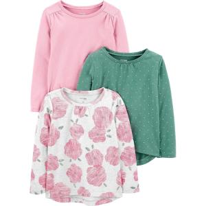 imageSimple Joys by Carters Girls LongSleeve Shirts Pack of 3Green DotsPinkFloral