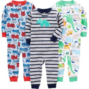 imageSimple Joys by Carters Kids 3Pack Snug Fit Footless Cotton PajamasBlue FiretruckGrey StripeWhite Dinosaur