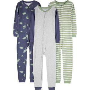 imageSimple Joys by Carters Kids 3Pack Snug Fit Footless Cotton PajamasGrey HeatherOlive DinosaurStripe