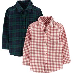 imageSimple Joys by Carters Boys LongSleeve Woven Shirt Pack of 2Green PlaidRed Gingham Plaid