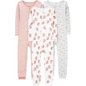 imageSimple Joys by Carters Girls 3Pack Snug Fit Footless Cotton PajamasGrey FloralPink StripeWhite Strawberry