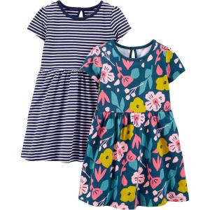 imageSimple Joys by Carters Girls ShortSleeve and Sleeveless Dress Sets Pack of 2Navy Floral PrintWhite Stripe