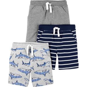 imageSimple Joys by Carters Babies Toddlers and Boys Knit Shorts Pack of 3GreyLight Grey Heather SharksNavy Stripe