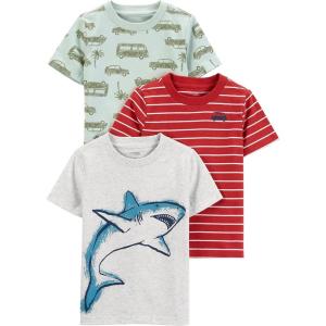 imageSimple Joys by Carters Baby Boys 3Pack ShortSleeve Tee ShirtsLight Green CarsRed StripeWhite Shark