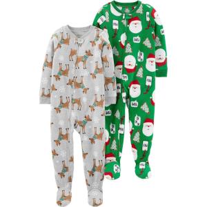 imageSimple Joys by Carters Kids Holiday Loosefit Flame Resistant Fleece Footed PajamasGreen SantaGrey Heather Reindeer