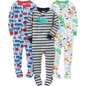 imageSimple Joys by Carters Toddlers and Baby Boys SnugFit Footed Cotton Pajamas Pack of 3Blue FiretruckGrey StripeWhite Dinosaur
