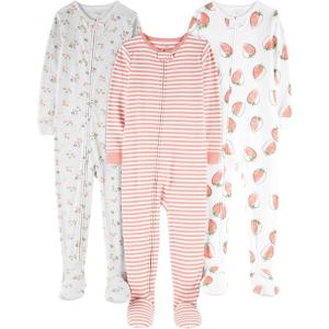 imageSimple Joys by Carters Toddlers and Baby Boys SnugFit Footed Cotton Pajamas Pack of 3Grey FloralPink StripeWhite Strawberries