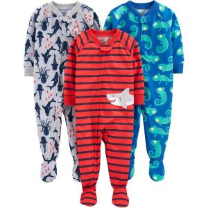 imageSimple Joys by Carters Toddlers and Baby Boys LooseFit Polyester Jersey Footed Pajamas Pack of 3Blue ChameleonGrey SharkRed Stripe