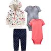 imageSimple Joys by Carters Baby Girls 4Piece Jacket Pant and Bodysuit SetCoral PinkEcru FloralNavy DotsStripe